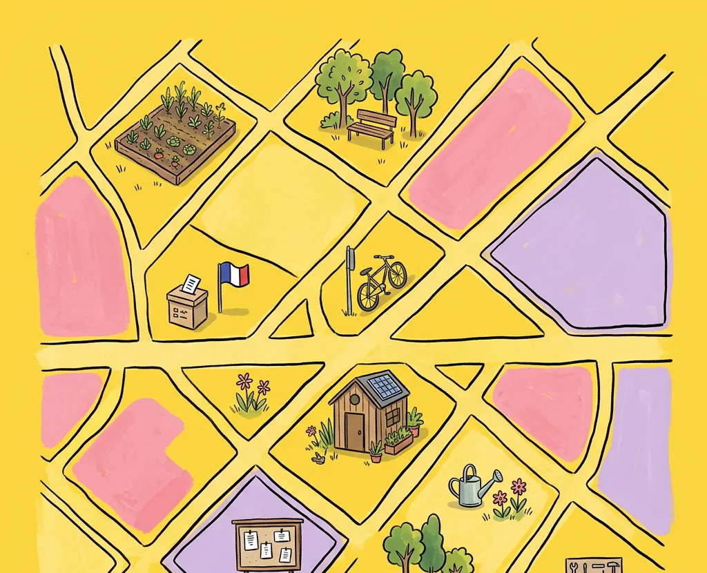 Carte illustrée d’un quartier : jardin nourricier, urne, banc, vélo et cabane équipée d’un panneau solaire.